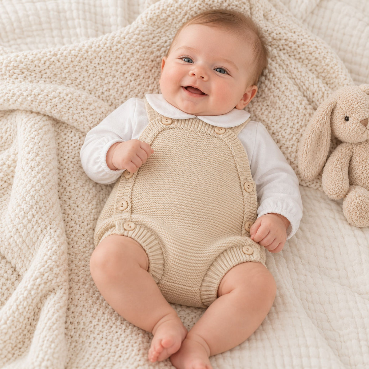 A smiling baby lying on a cream knit blanket next to a plush bunny toy, wearing a beige knitted romper over a white long-sleeve top.