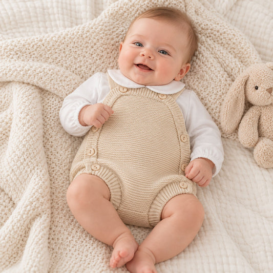 A smiling baby lying on a cream knit blanket next to a plush bunny toy, wearing a beige knitted romper over a white long-sleeve top.