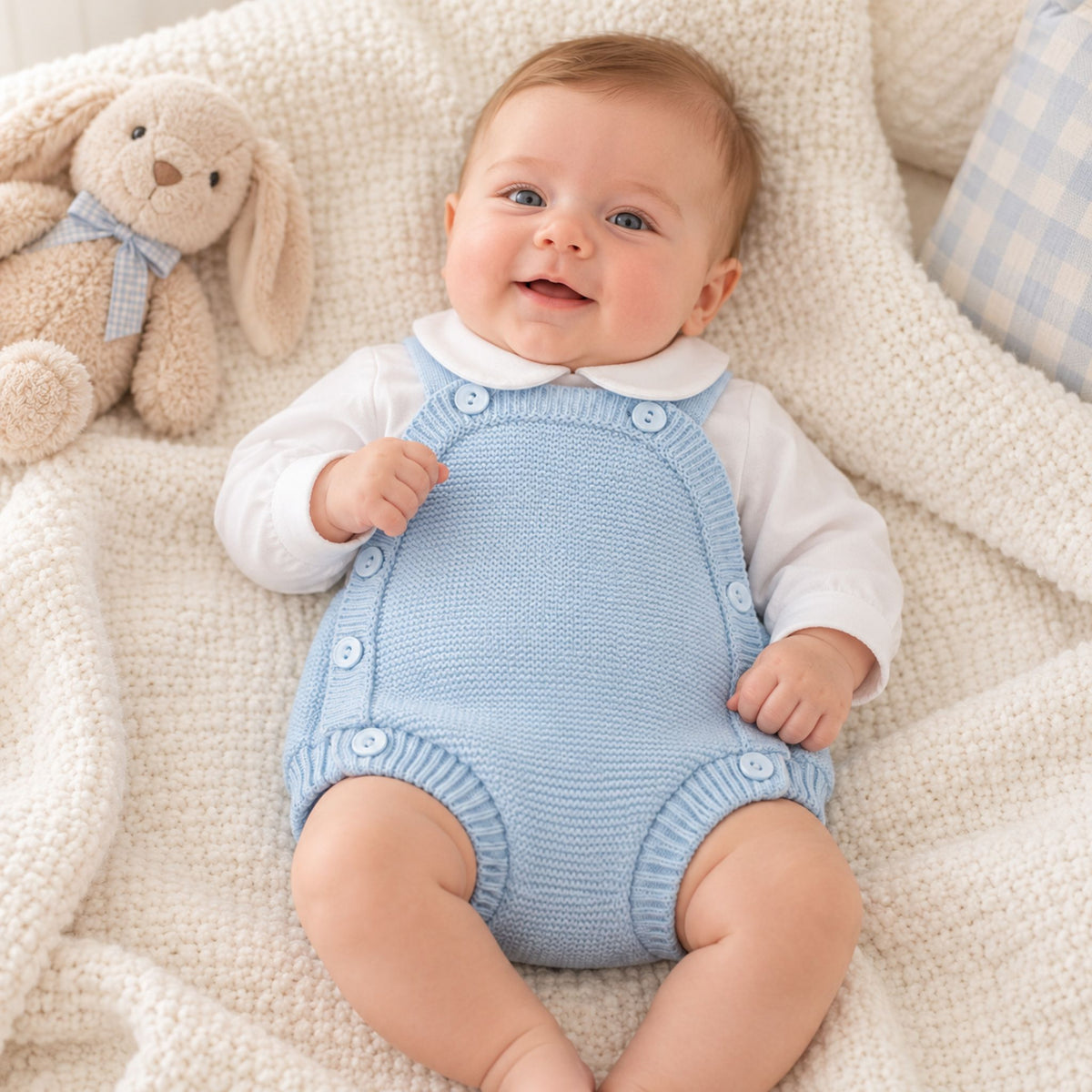 Little Nosh baby boys blue knitted romper with decorative buttons and coordinating white long-sleeved Peter Pan collar top