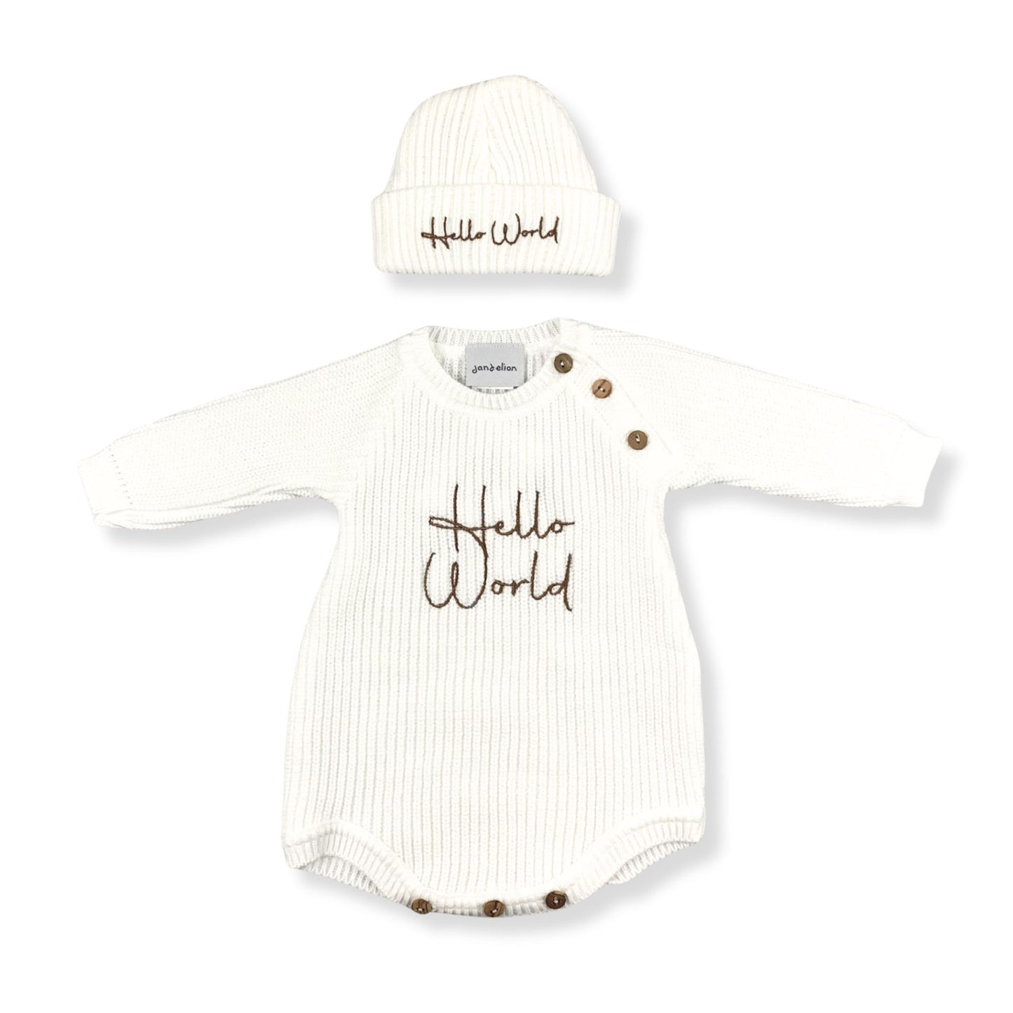Baby romper and hat set with 'Hello World' text on a white background