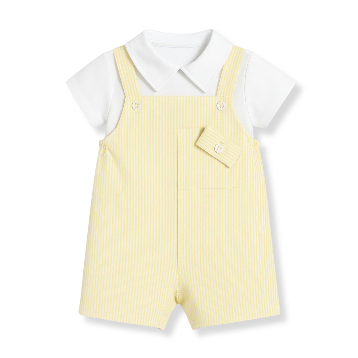 Yellow stripe baby dungaree shorts set with white collared top, traditional summer outfit made in Portugal