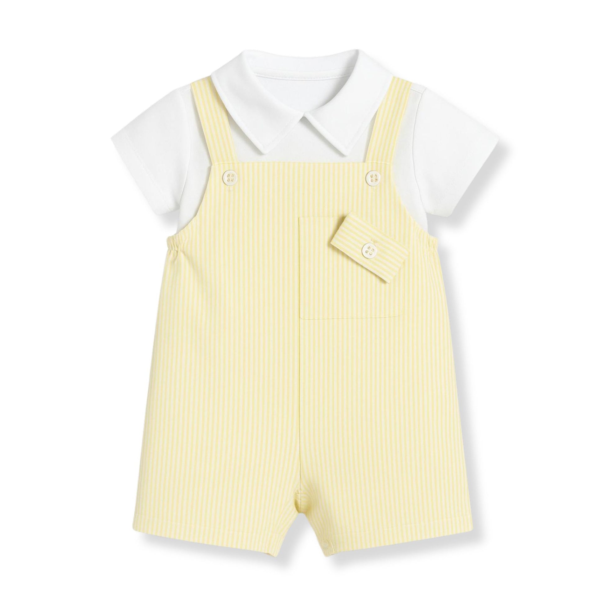 Yellow stripe baby dungaree shorts set with white collared top, traditional summer outfit made in Portugal