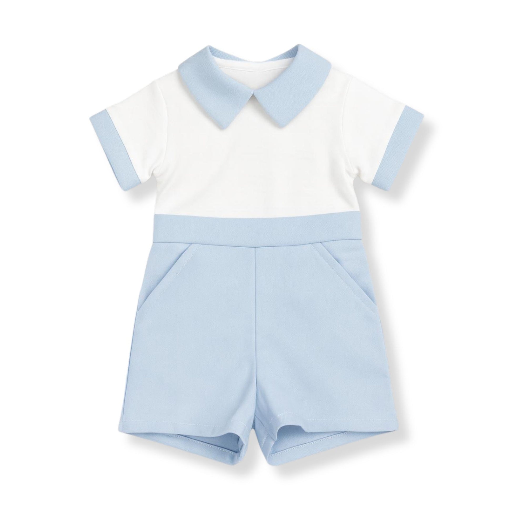 Light blue and white children's outfit with a collar on a white background