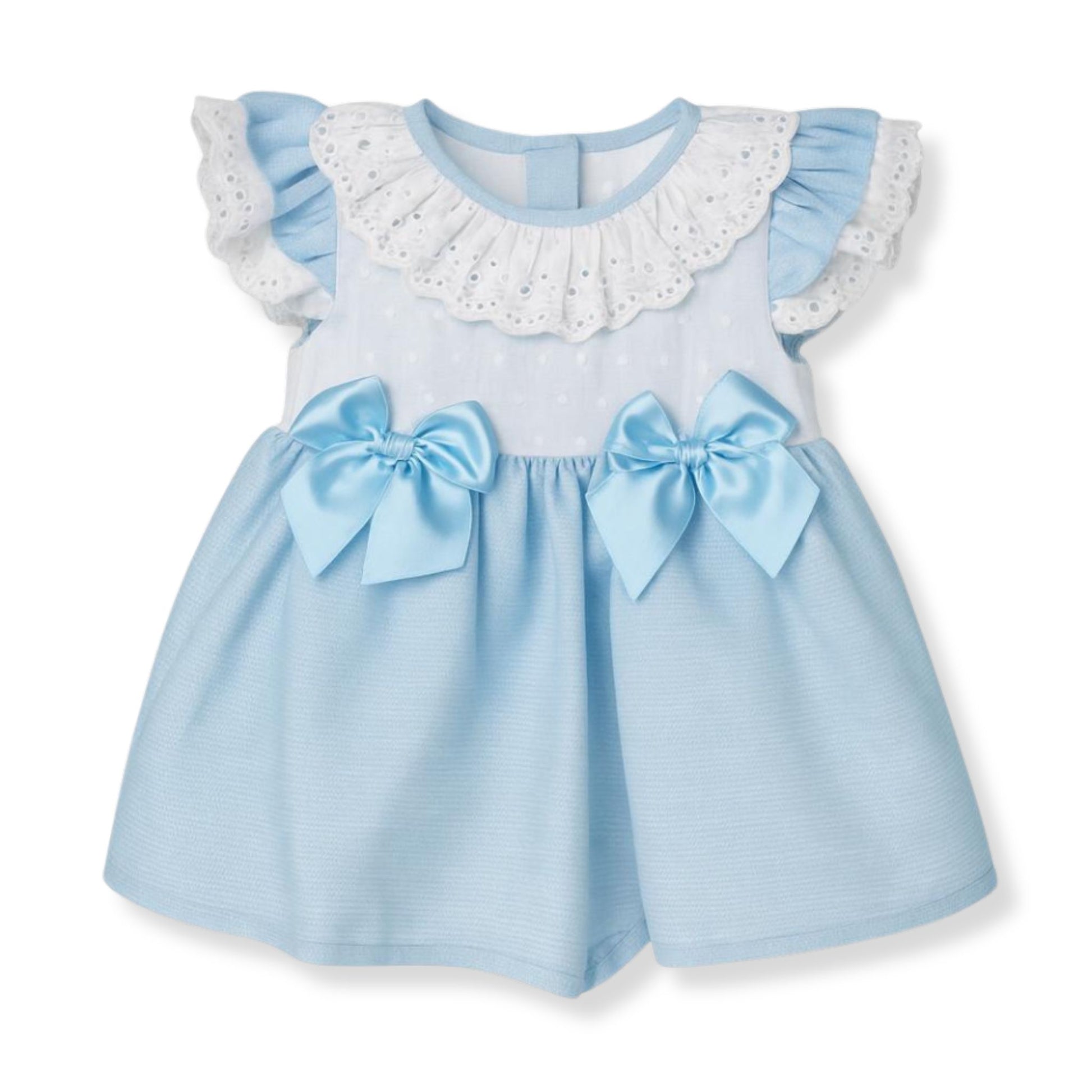 Blue baby dress with lace collar, frill sleeves and bow detail, traditional occasion outfit made in Portugal