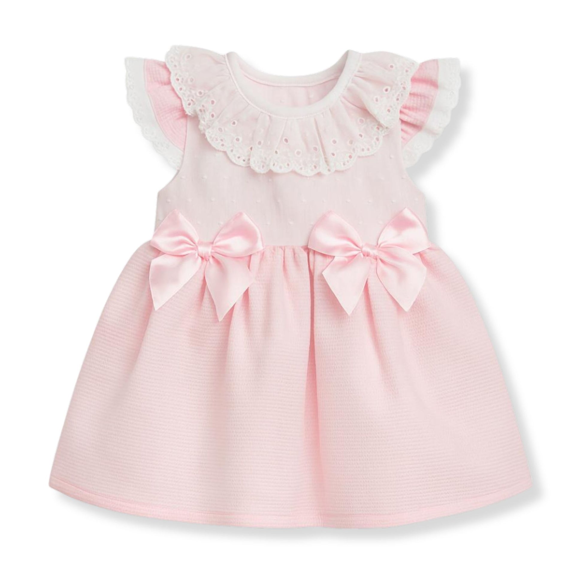 Pink baby dress with lace collar, frill sleeves and bow detail, traditional occasion outfit made in Portugal