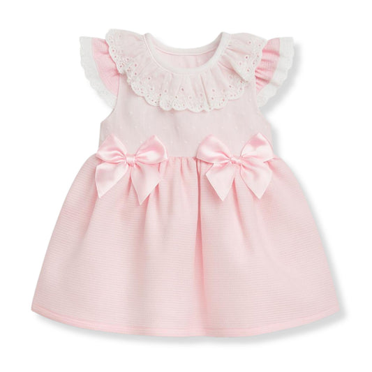 Pink baby dress with lace collar, frill sleeves and bow detail, traditional occasion outfit made in Portugal