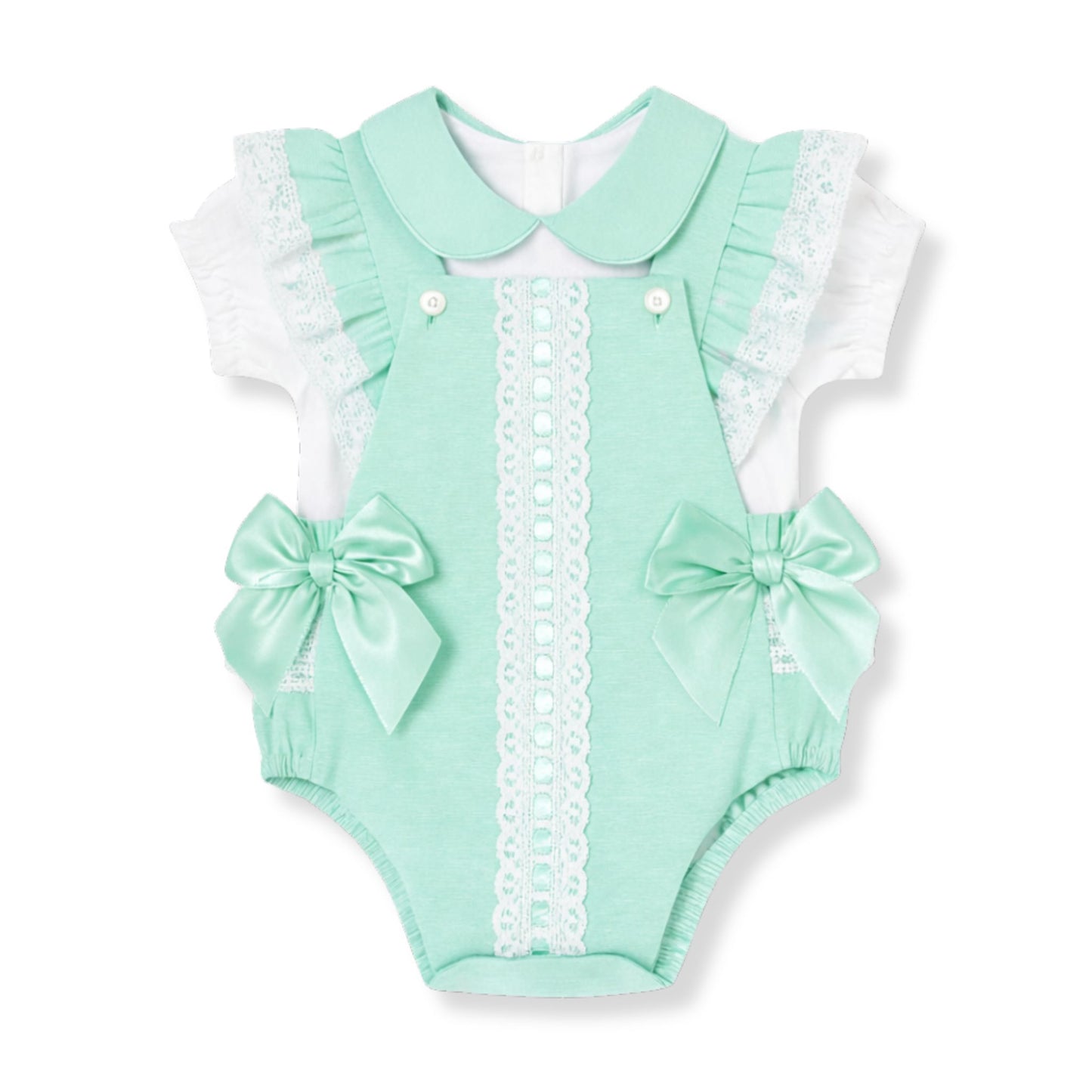 Mint green baby romper with ruffles and bows on a white background