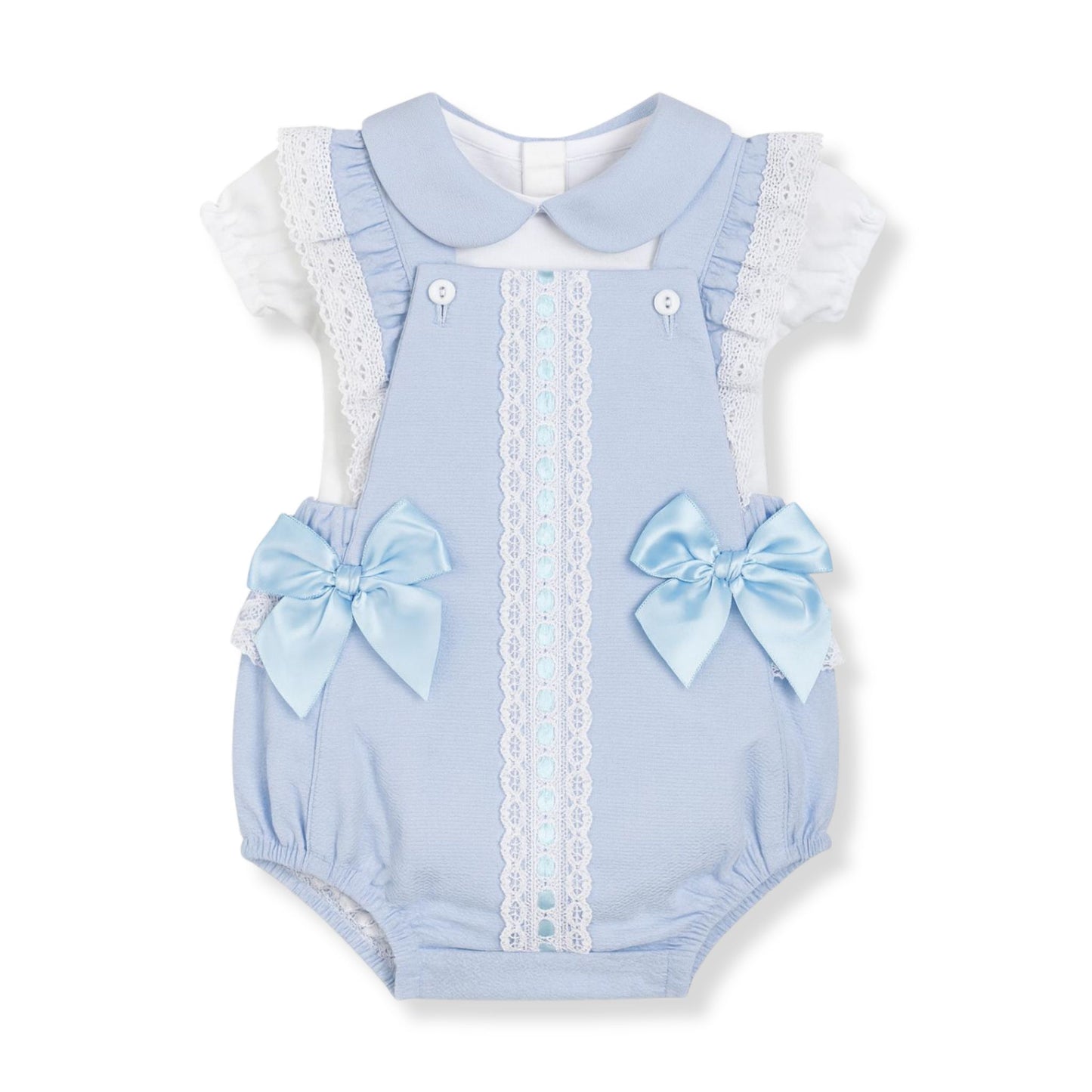Light blue baby romper with lace details and bows on a white background