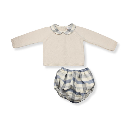 Baby sweater and checkered bloomers set on a white background