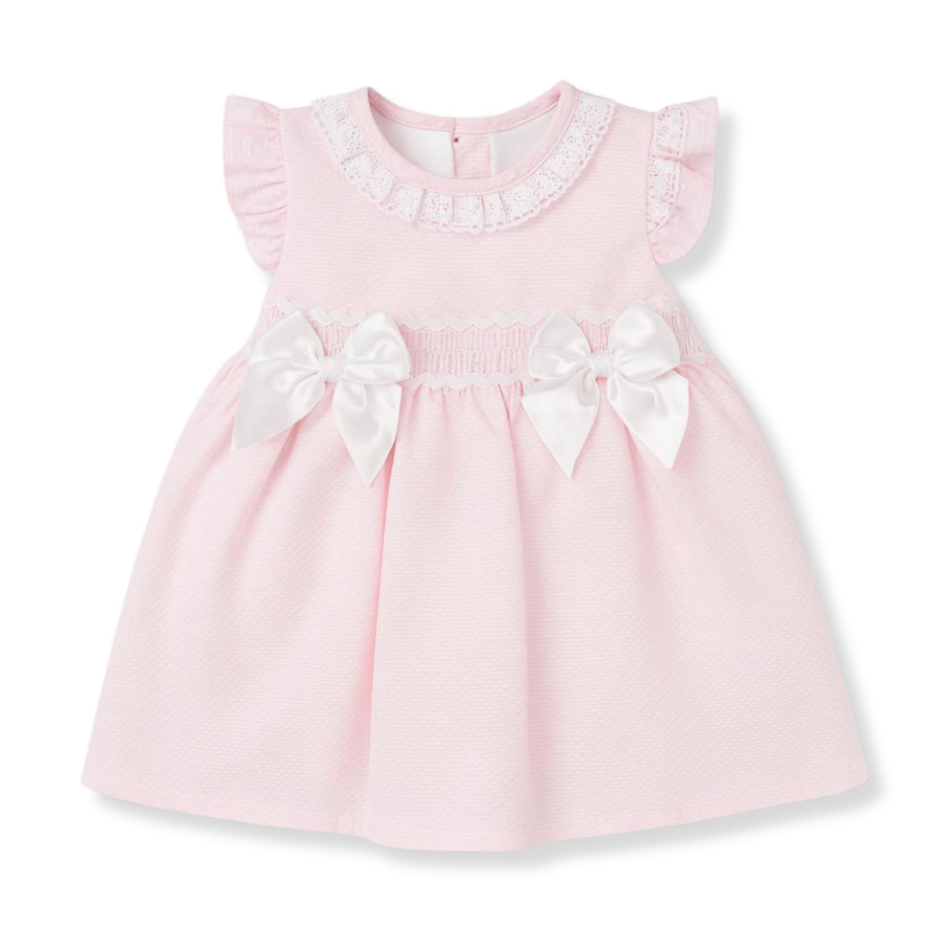 Pink baby dress with lace detail, smocking and bows, Spanish style outfit made in Portugal
