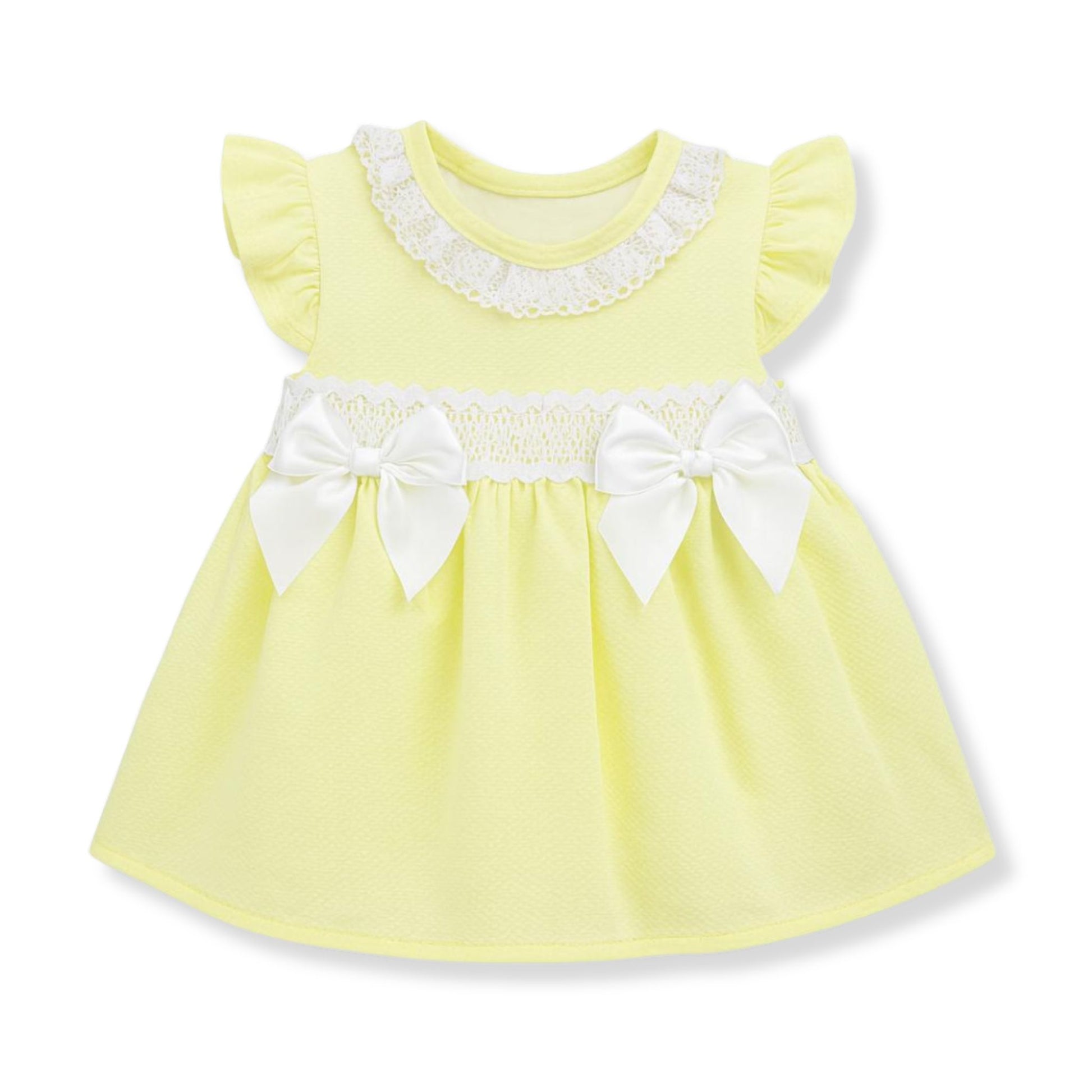 Yellow baby dress with lace detail, smocking and bows, Spanish style outfit made in Portugal