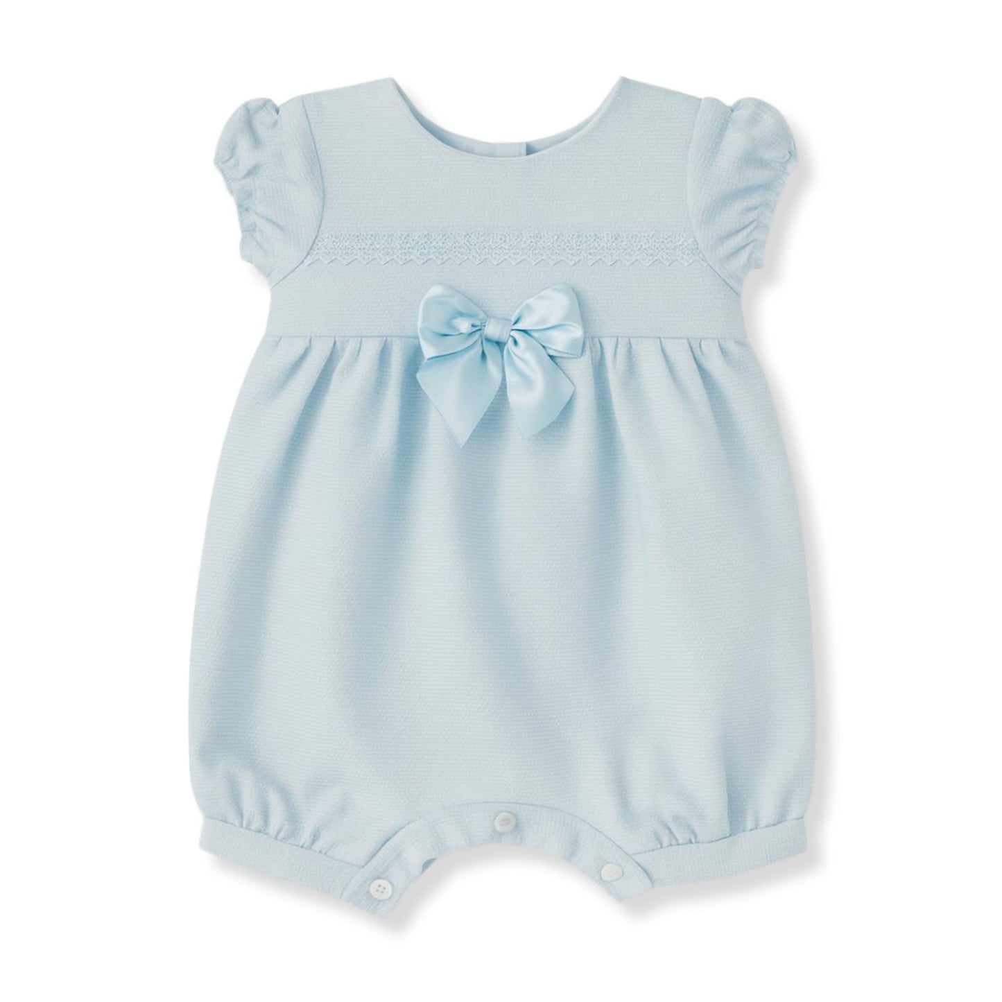 Blue baby romper with frill sleeves and bow detail, traditional style outfit made in Portugal