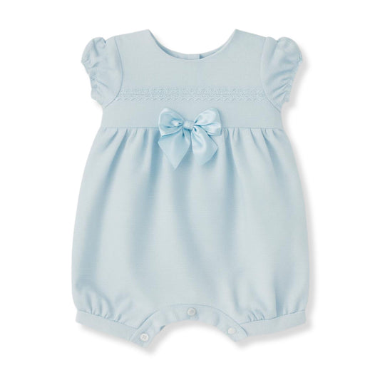Blue baby romper with frill sleeves and bow detail, traditional style outfit made in Portugal