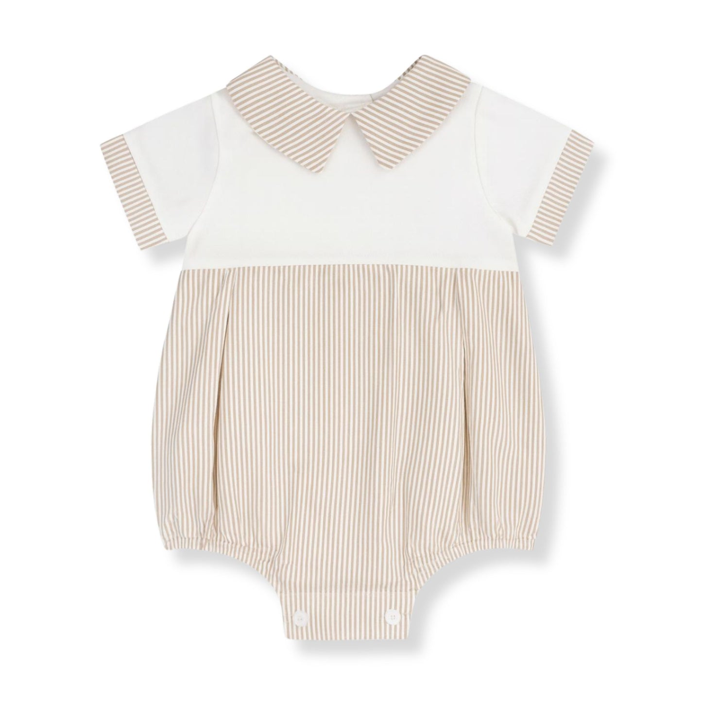 Beige stripe baby romper with white top and collar, traditional neutral baby outfit made in Portugal