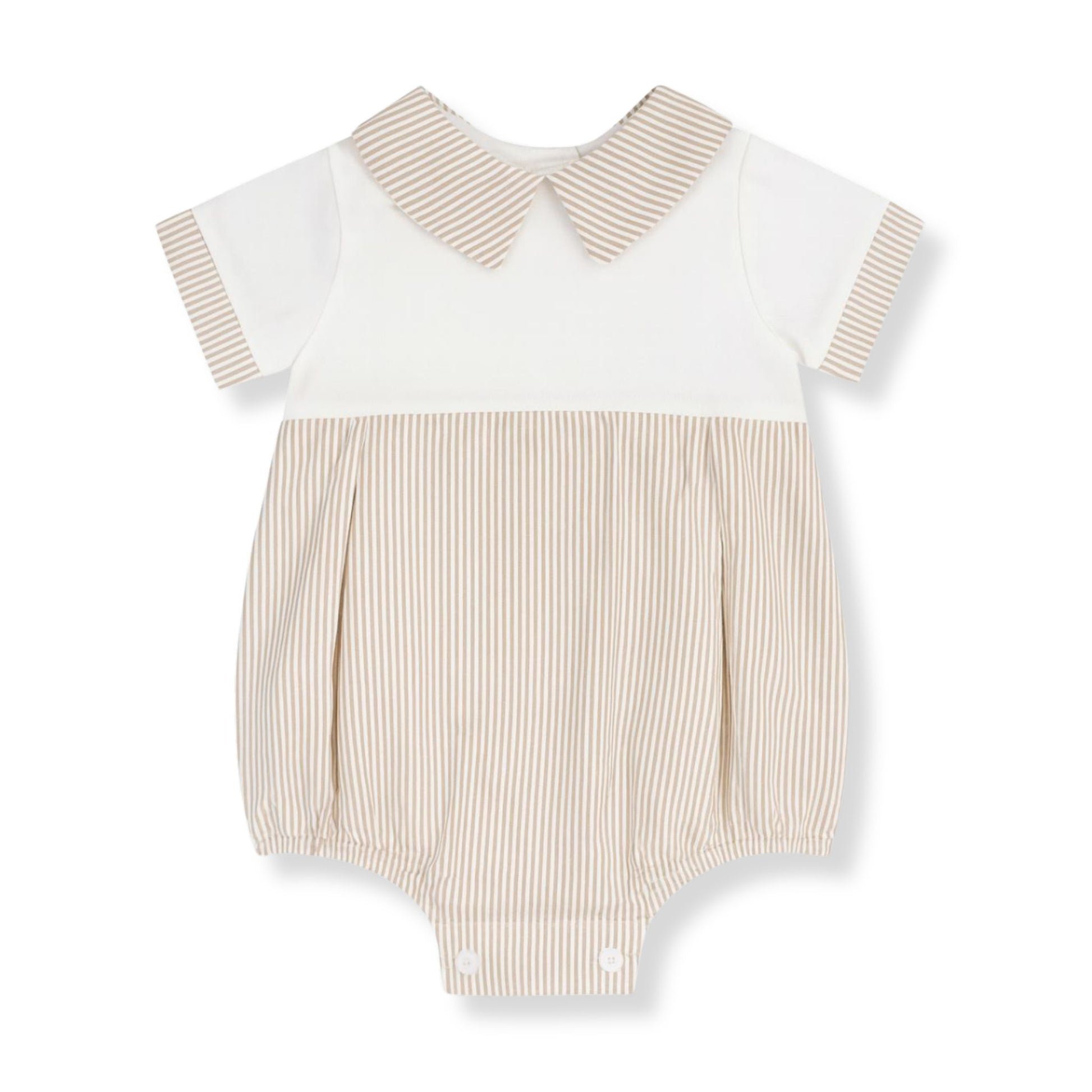 Beige stripe baby romper with white top and collar, traditional neutral baby outfit made in Portugal