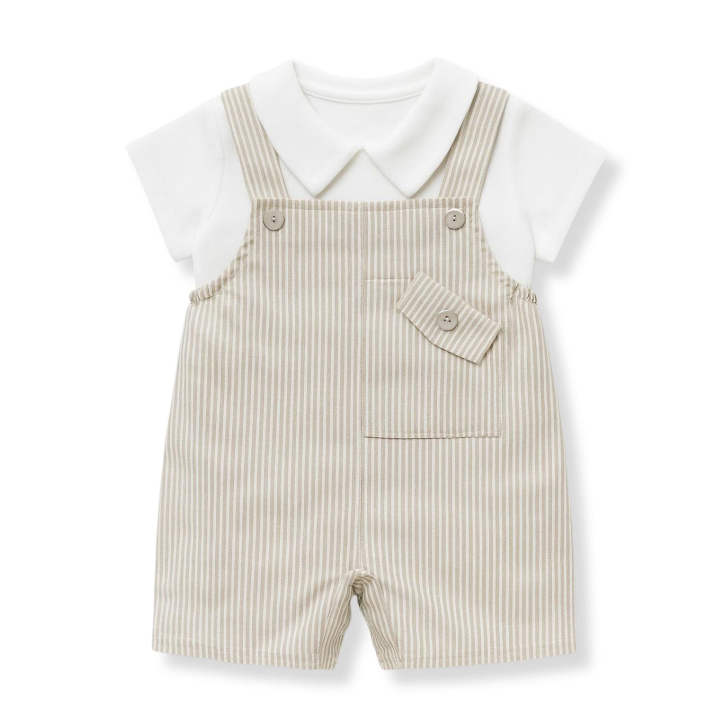 Baby Boys Beige Stripe Dungaree Set with White Top