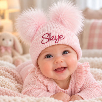 Personalised Baby Pom Hat – Pastel Pink Double Pom | Newborn & 0–6 Months