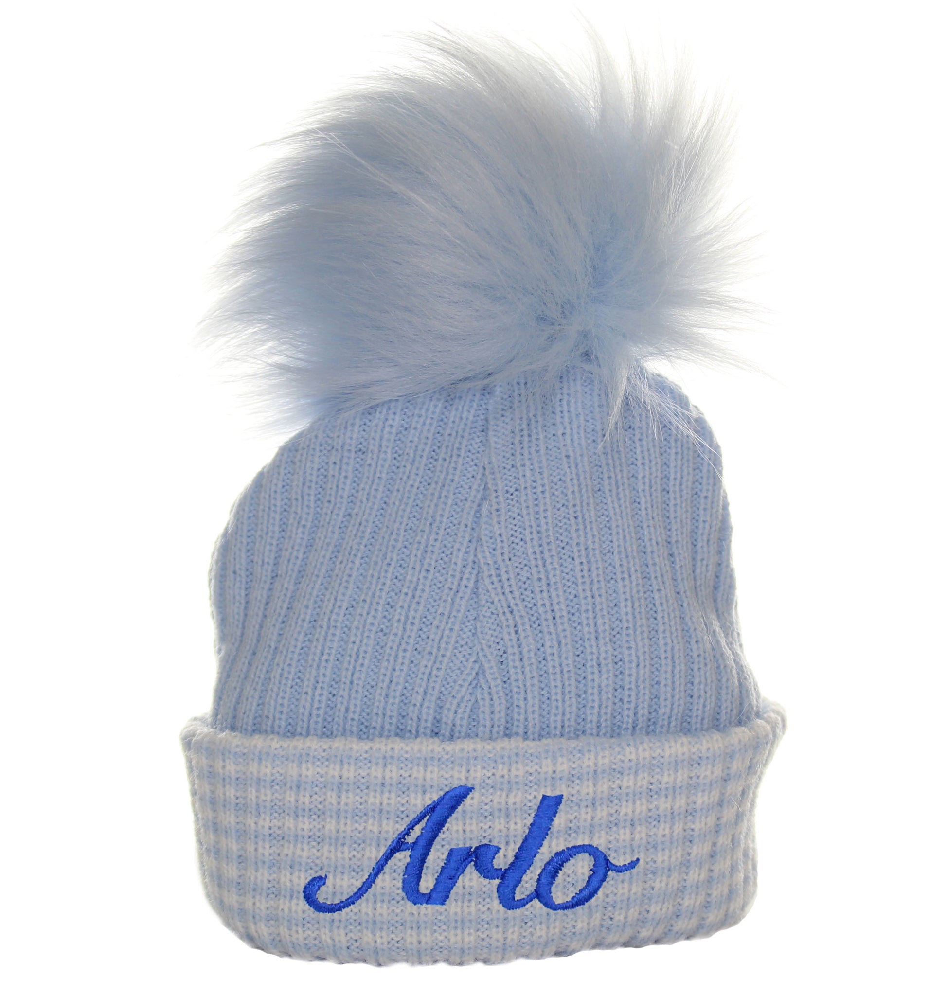 personalised newborn hat blue with ur pom
