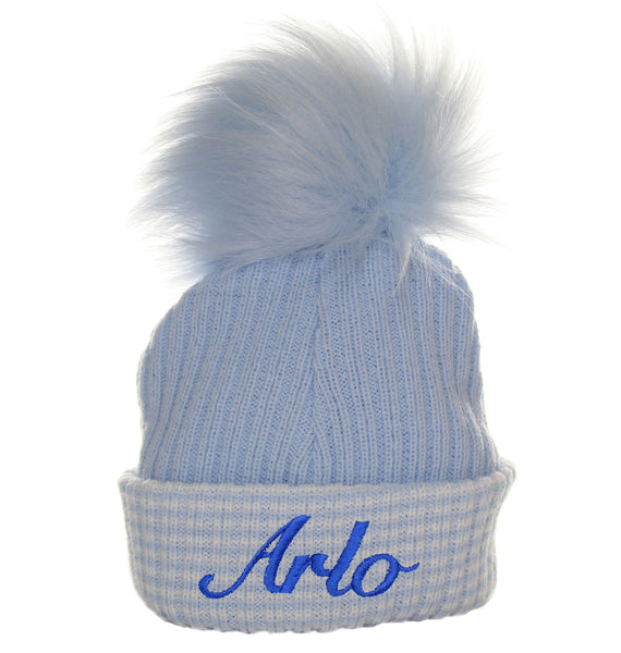 personalised newborn hat blue with ur pom