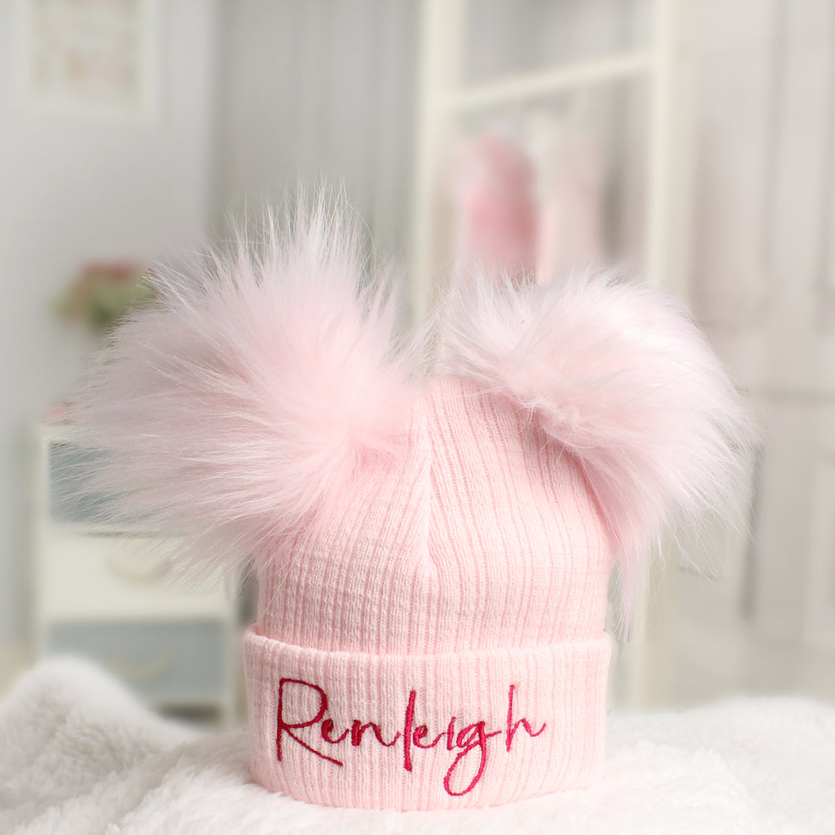 Personalised Baby Pom Hat – Pastel Pink Double Pom | Newborn & 0–6 Months