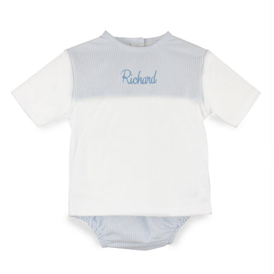 Personalised Baby Boys Blue Stripe Two Piece Outfit – 100% Cotton