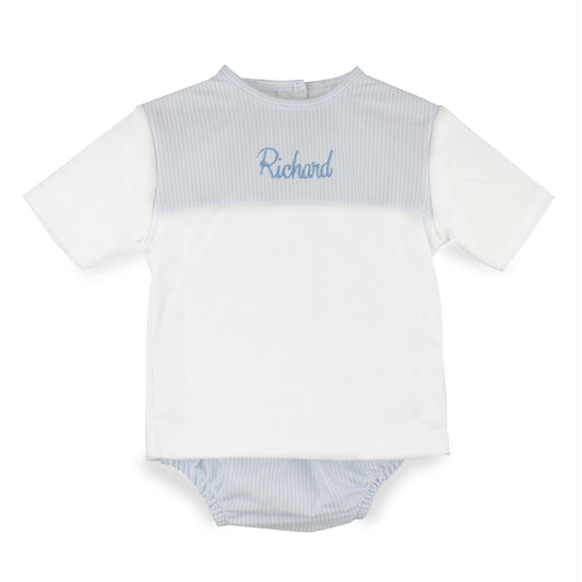 Personalised baby boys white and pale blue striped two-piece outfit with embroidered name and matching striped jam pants, made from 100% cotton in Portugal.