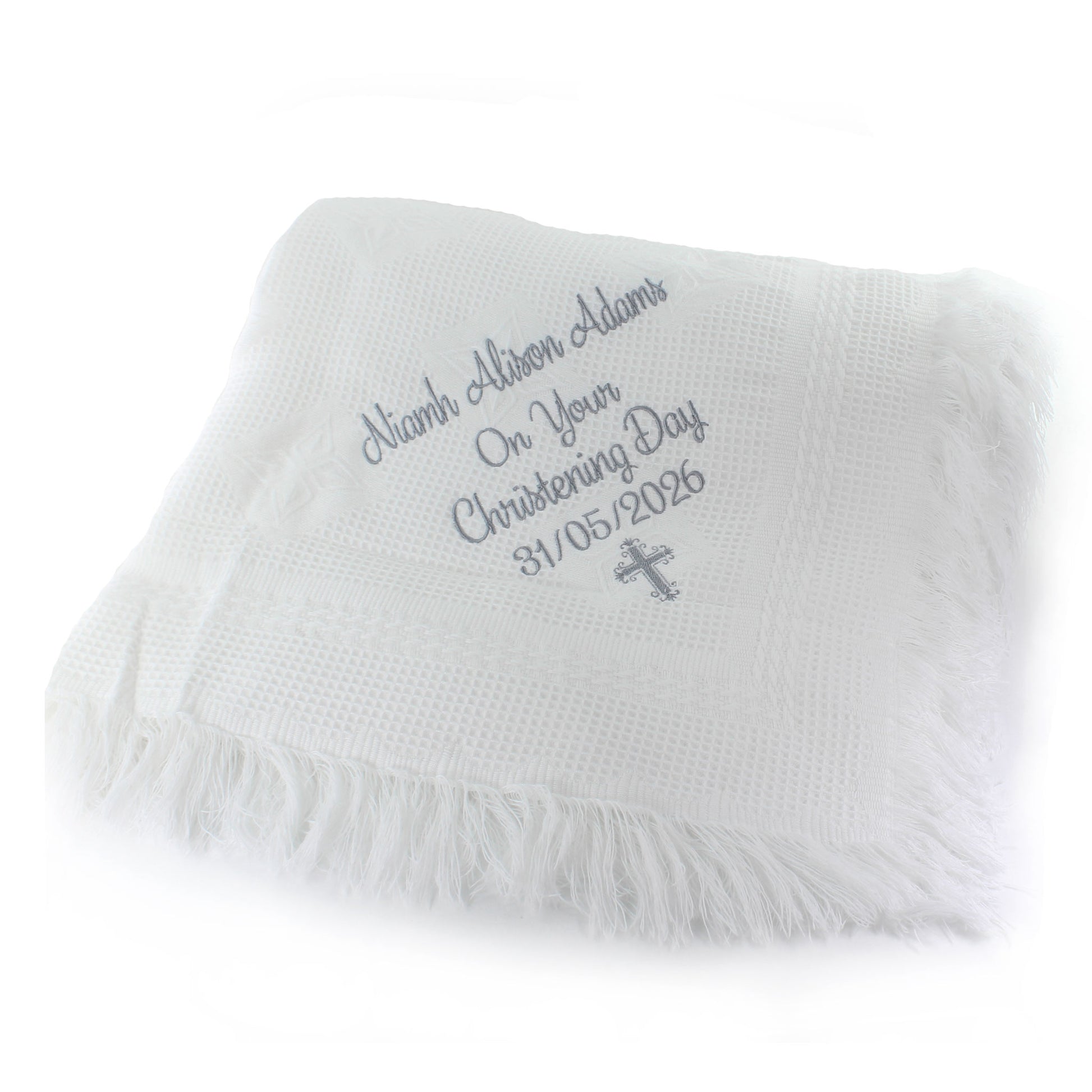 personalised  christening shawl white