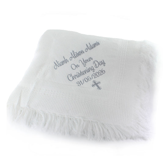 personalised  christening shawl white