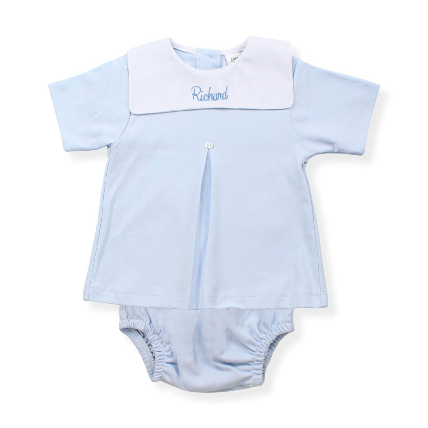 Personalised blue baby boys top and jam pants set with embroidered name detail, made from 100% cotton in Portugal. Available in sizes 0-3 to 18-24 months.