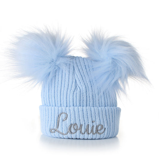 personalised double pom baby hat in blue