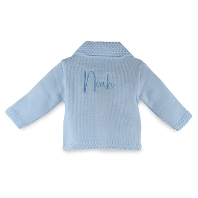 Personalised Blue Knitted Baby Cardigan – Dandelion Portugal