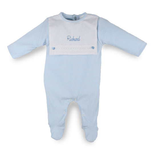 Personalised Baby Boys Blue Sleepsuit – 100% Cotton – Made in Portugal