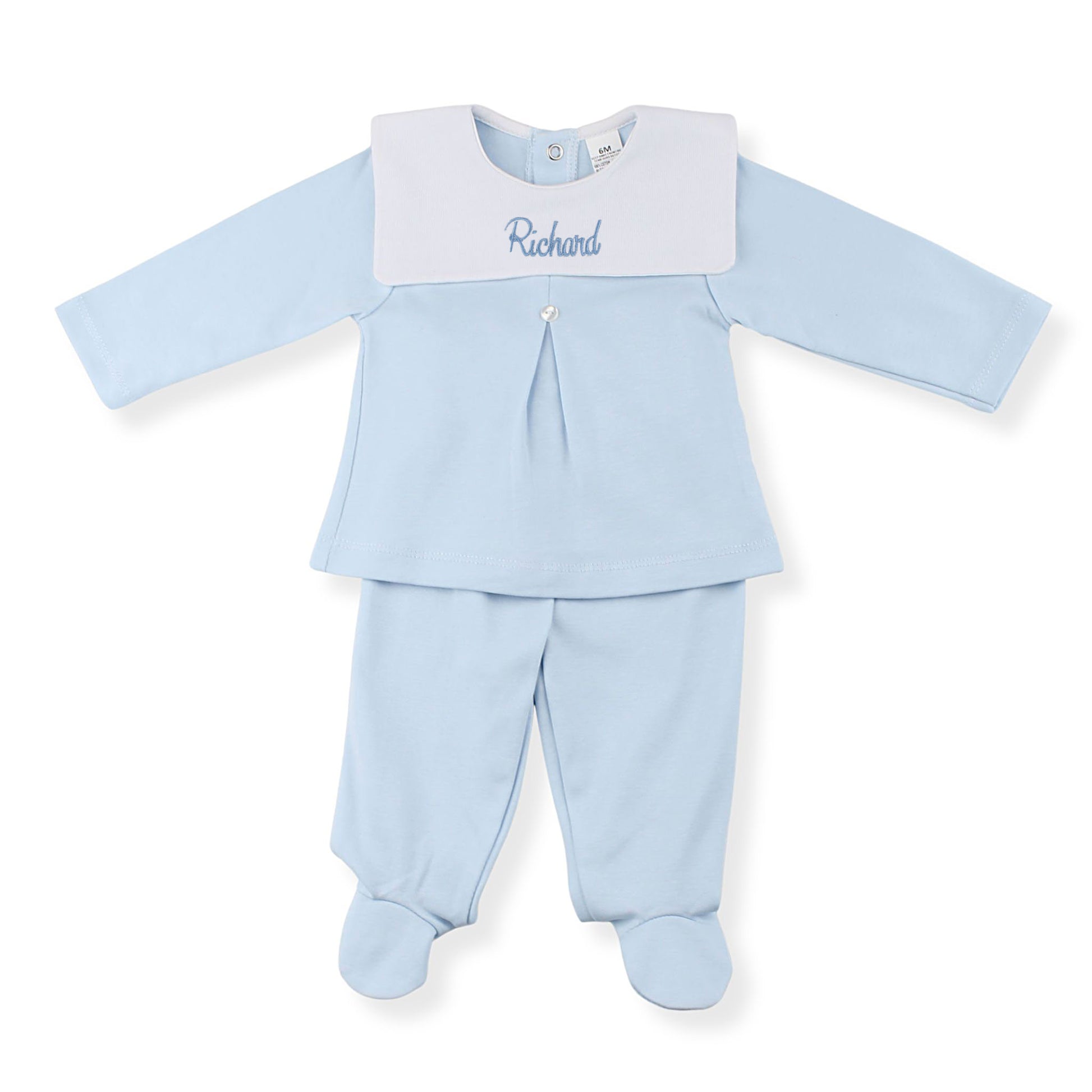 Personalised blue baby boys two piece outfit with white bib collar and embroidered name