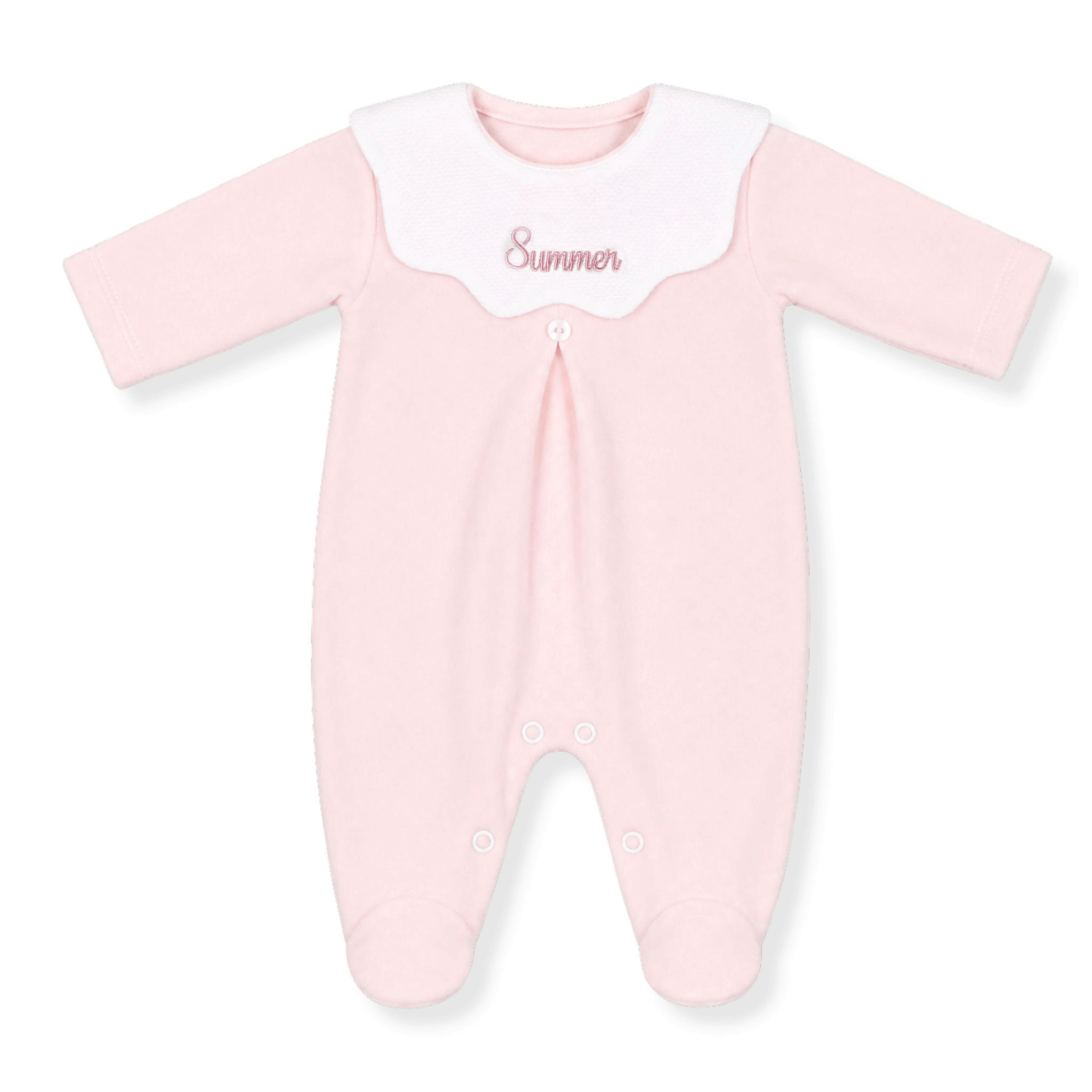 Personalised baby girls pink velour sleepsuit with embroidered name on white collar