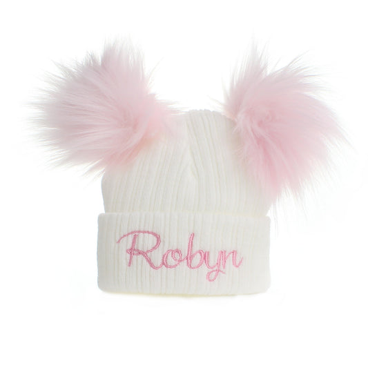 personalised baby girl pom hat white with pink pom poms