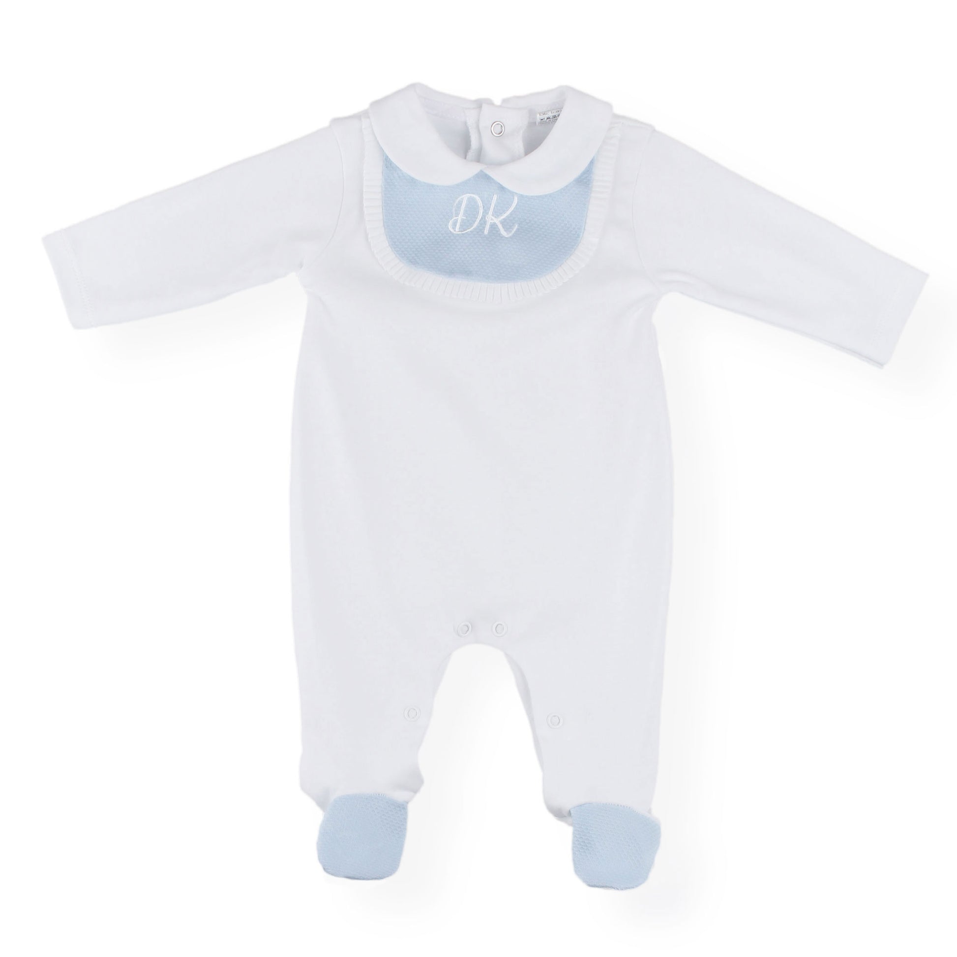 White personalised baby sleepsuit with blue accents on a white background