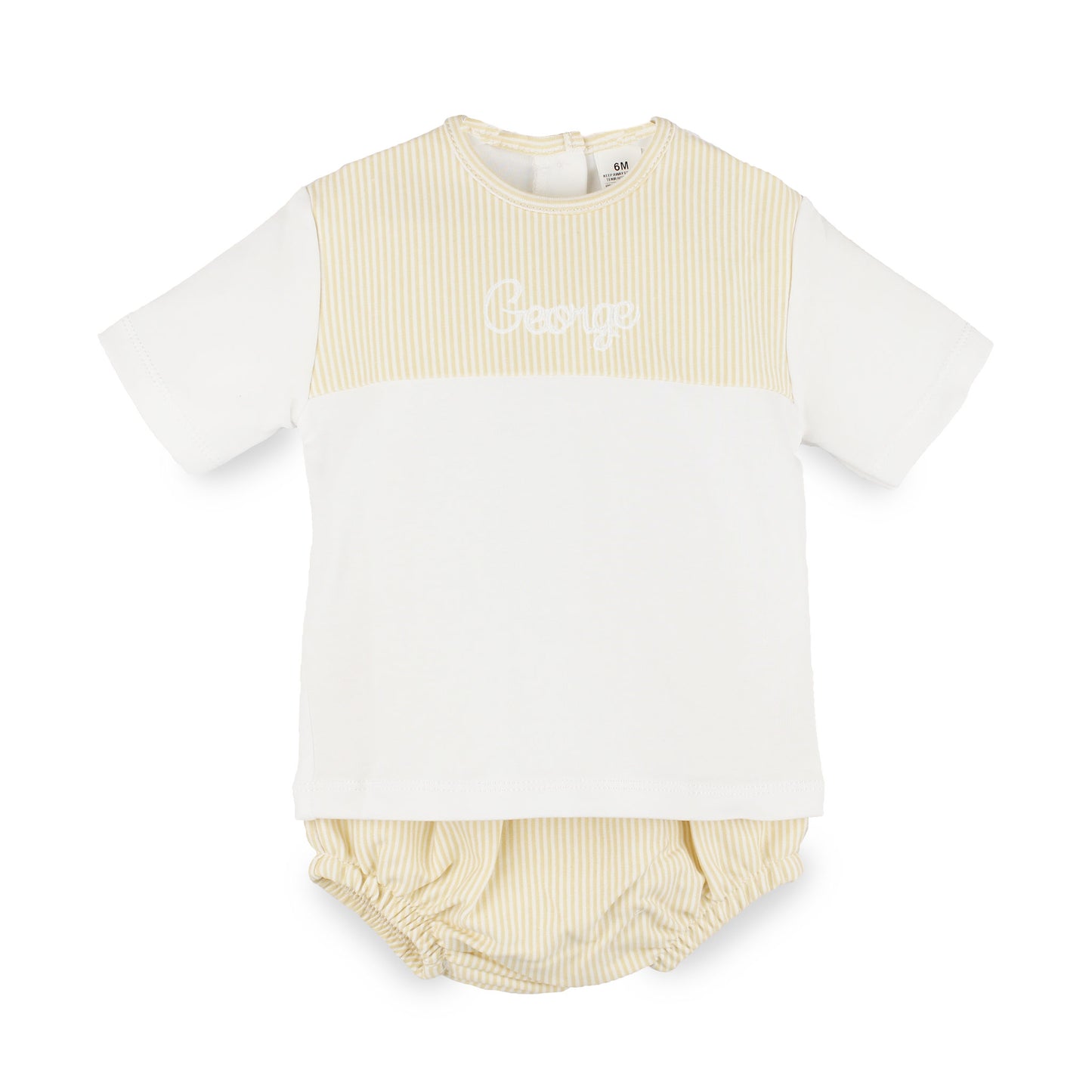 Personalised baby boys beige stripe two-piece outfit with embroidered name. Made from 100% cotton in Portugal. Sizes 0–3 to 18–24 months. Maximum 8 character name.