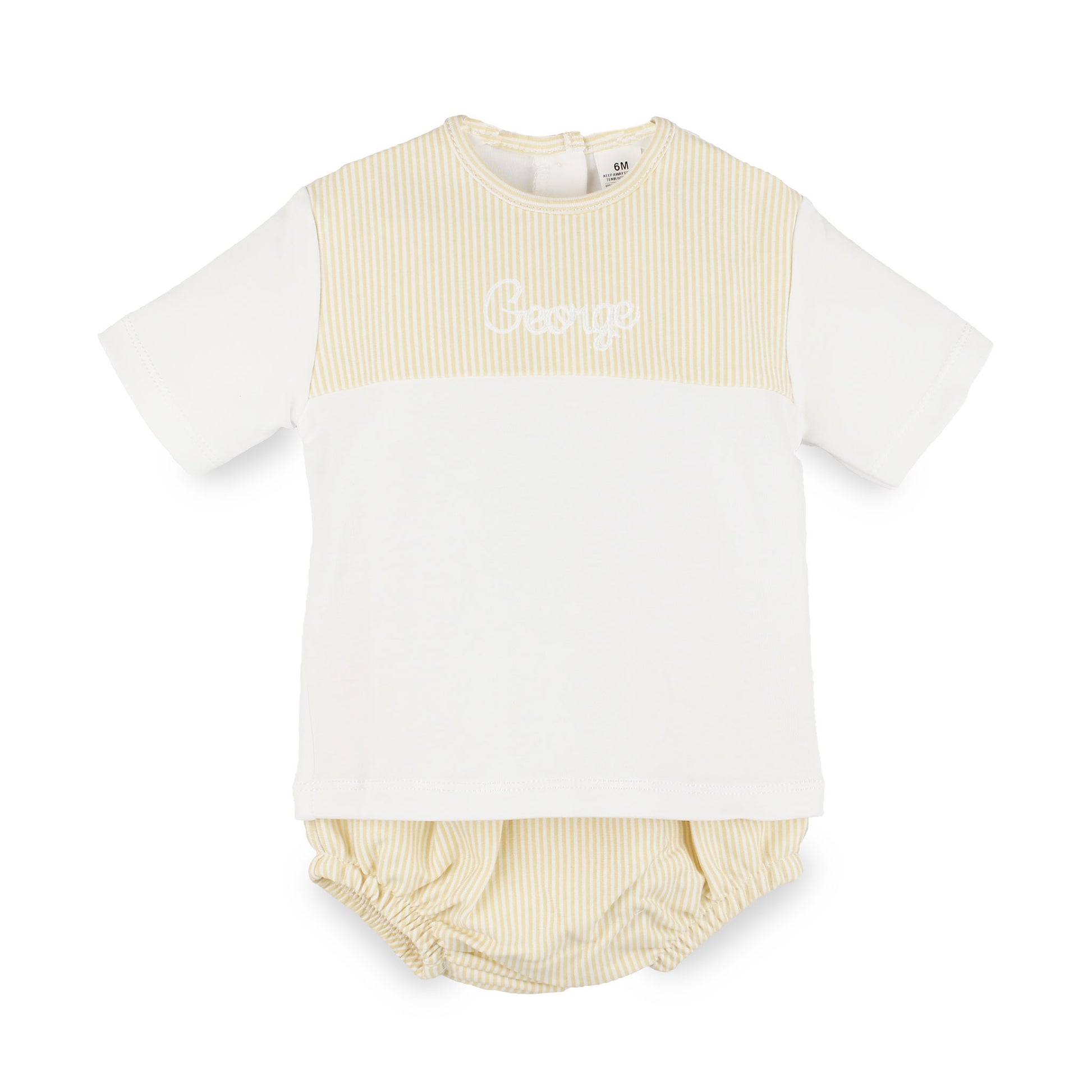 Personalised baby boys beige stripe two-piece outfit with embroidered name. Made from 100% cotton in Portugal. Sizes 0–3 to 18–24 months. Maximum 8 character name.