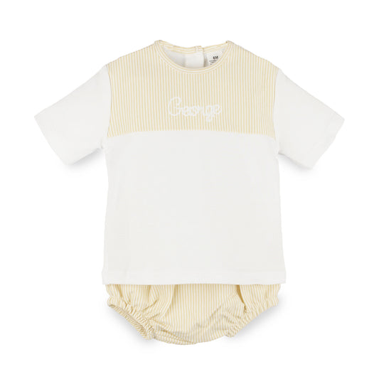 Personalised baby boys beige stripe two-piece outfit with embroidered name. Made from 100% cotton in Portugal. Sizes 0–3 to 18–24 months. Maximum 8 character name.
