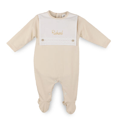 Personalised Baby Boys Beige Sleepsuit – 100% Cotton – Made in Portugal