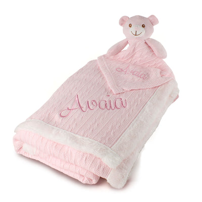 Personalised Baby Blanket & Comforter Set – Pink Knitted Blanket with Teddy