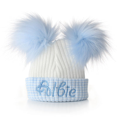 Personalised White & Blue Double Pom Newborn Baby Hat