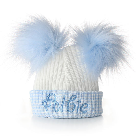 personalised first size baby hat with two pom poms