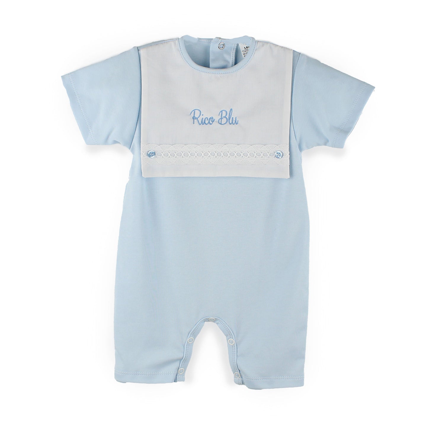 Personalised Light blue baby romper with name on a white background