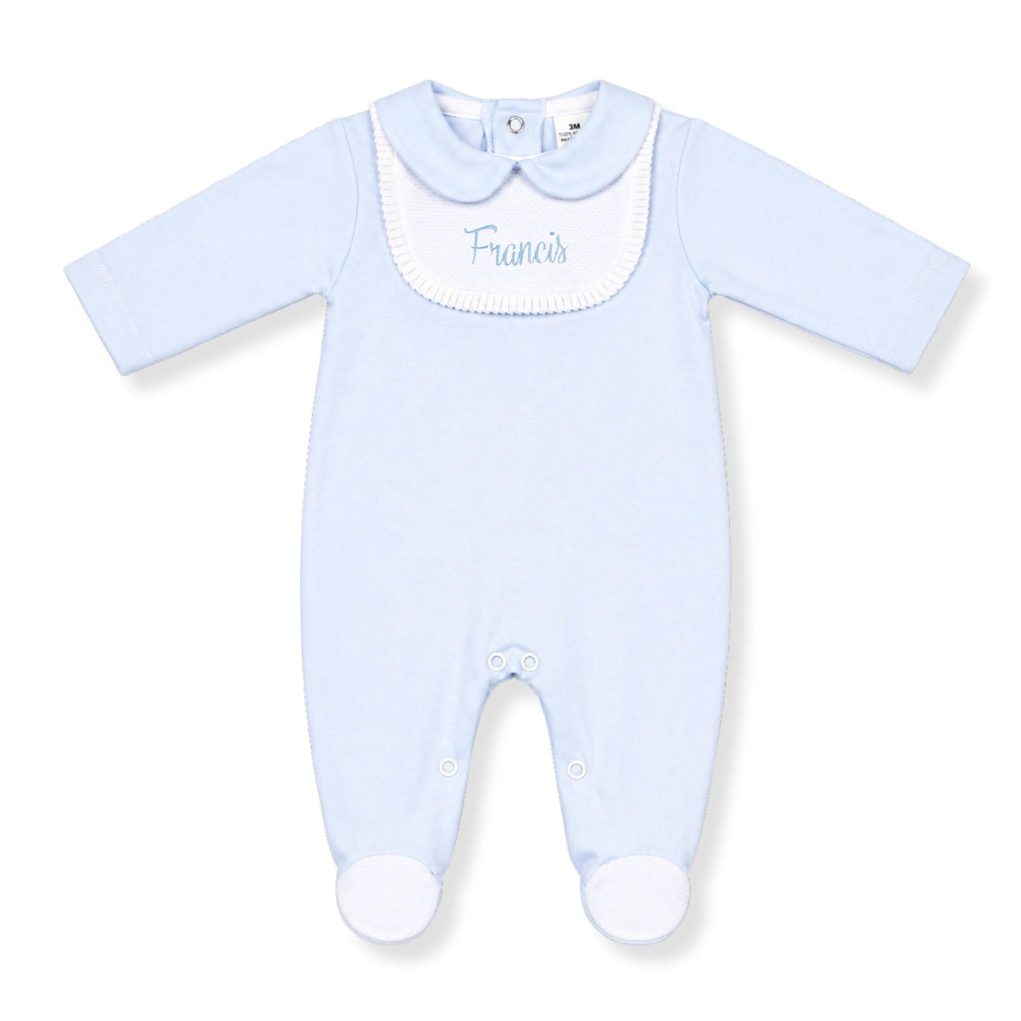 Light blue baby grow with white collar and 'Francis' embroidery on a white background