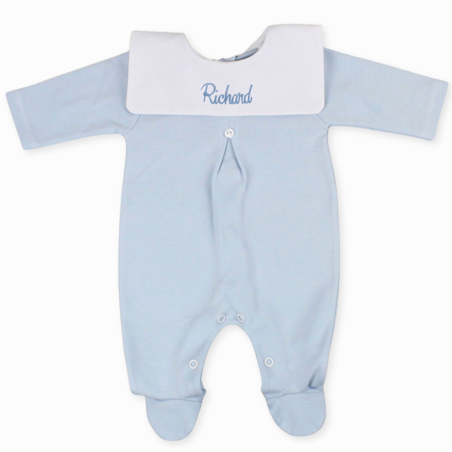 Personalised blue baby babygrow with white bib collar embroidered with a baby's name, made in Portugal from 100% cotton.