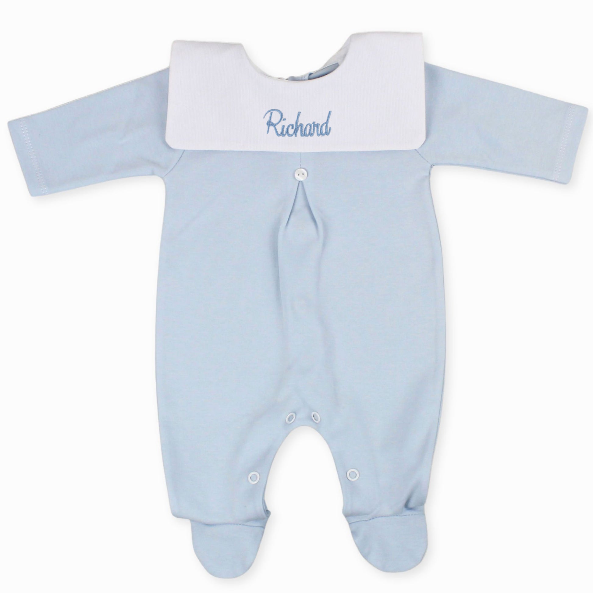 Personalised blue baby babygrow with white bib collar embroidered with a baby's name, made in Portugal from 100% cotton.