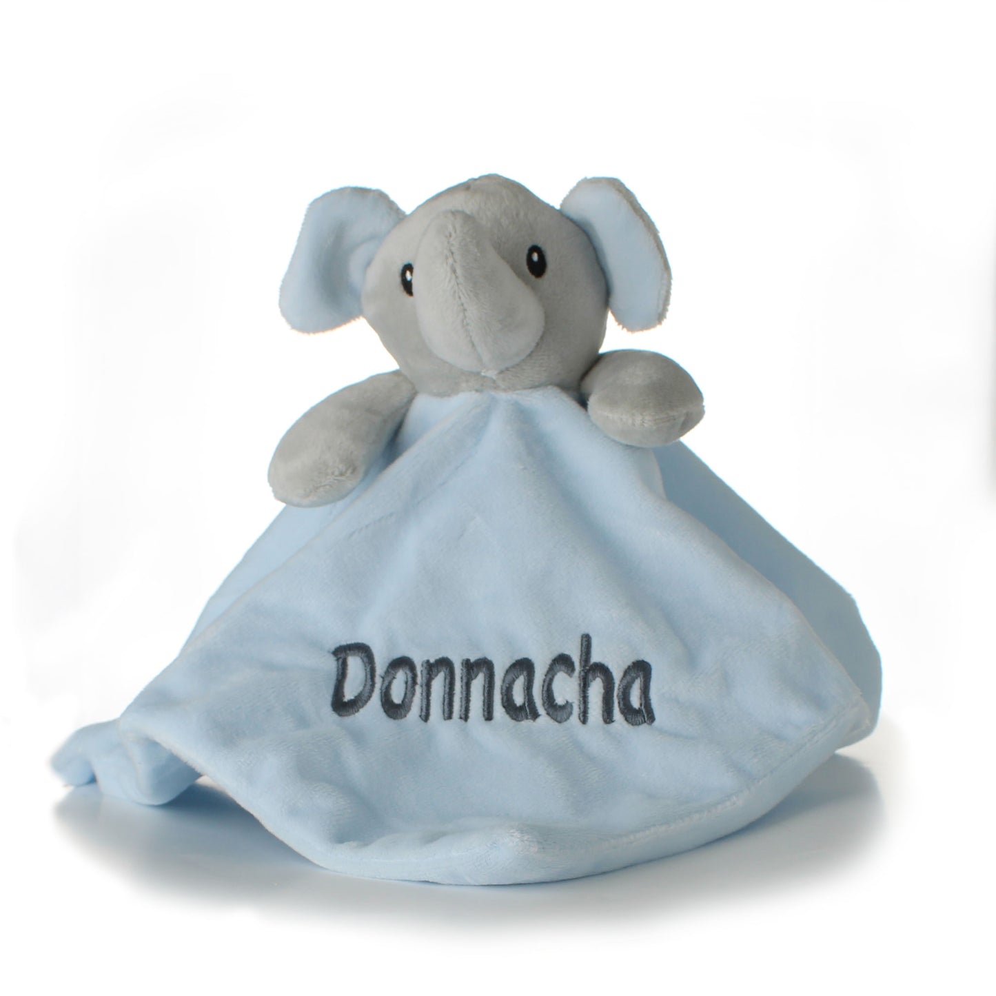 Personalised elephant comforter with blue blanket and 'Donnacha' text on a white background