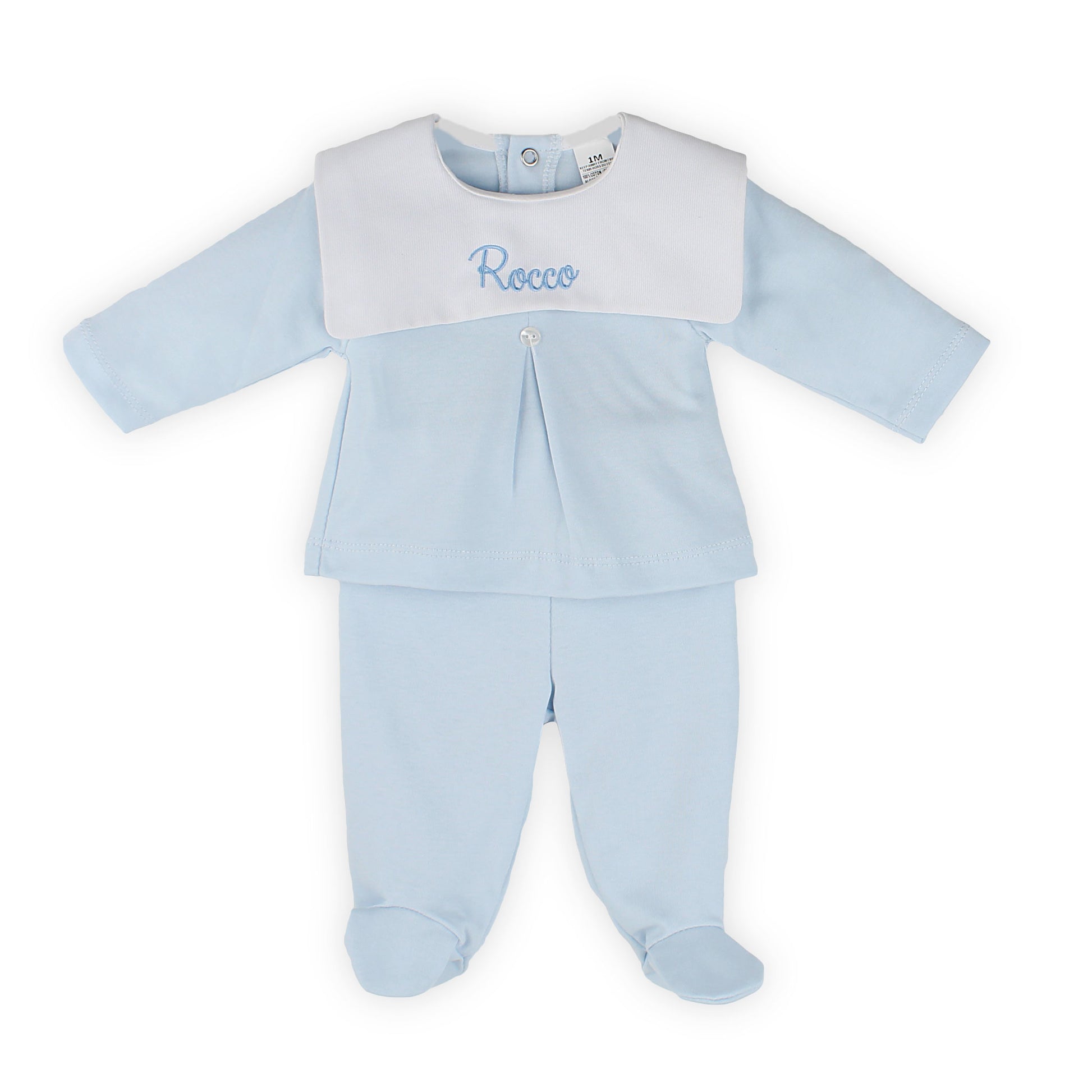 Personalised pink baby girl sleepsuit with scalloped white collar and embroidered baby name