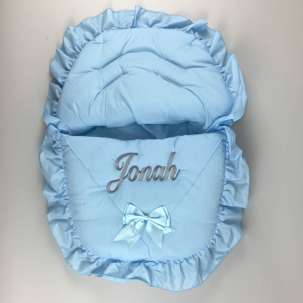 personalised boys blue car seat footmuff